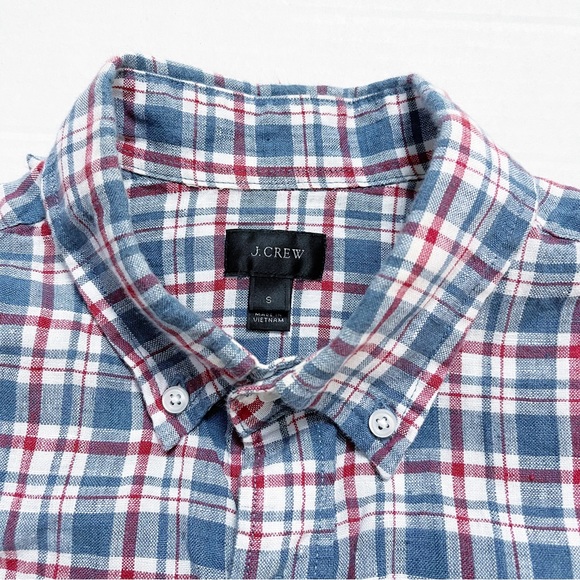 J. Crew Other - J CREW Men’s Red White & Blue Plaid Linen Short Sleeve Shirt - Small